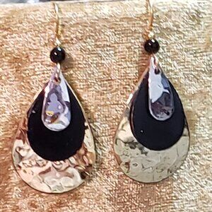 Vintage Earrings. Tri color wires. silver black,gold .  1 1/2 " hang from ear.